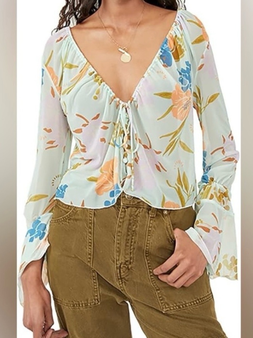Free People Mint Floral Tie-Front V-Neck Blouse
